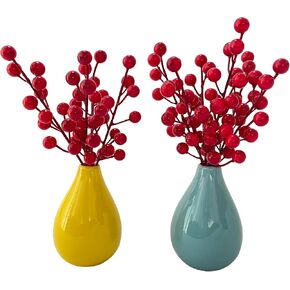 Mini Vases Including Flowers, Set of 2, Yellow and Blue Small Vases with Red Flowers, Birthday