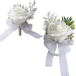 Corsage and Boutonniere Set,Artificial Flower Wrist Corsage and Boutonniere for Men Groom Groomsmen Bride Bridesmaids (1, Black)
