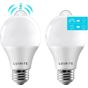 LUXRITE A19 LED Motion Sensor Light Bulbs, 60W Equivalent, Motion Activated Dusk to Dawn Sensor, 5000K Bright White, 800 Lumens, Security Light Bulb, Indoor/Outdoor, UL Listed, E26 Base (2 Pack)