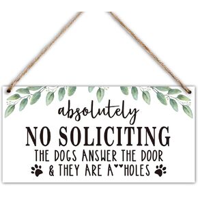 Wood Hanging Decor Sign, Absolutely No Soliciting, Dogs Answer the Door, Rustic Wood Front Door Plaque Wall Art Decor Gift, 10" x 5" Wood Decor Hanging Sign for Porch Yard Farmhouse House Outdoor-05