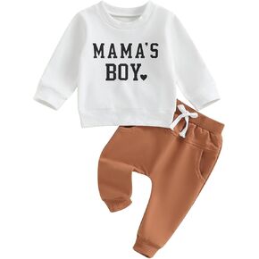 YINGISFITM Toddler Baby Boy Fall Clothes Mama Boy Letter Crewneck Sweatshirt Long Sleeve Shirt Top Pants Winter Outfit Set (White, 0-6 Months)