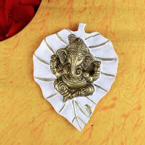 SATVIK Metal Pan Patta Ganesh Decorative Wall Hanging Showpiece Lord Ganesha on Leaf Home Decor. Indian Housewarming Return gift for bulk. Figurine pooja decoration item Blue
