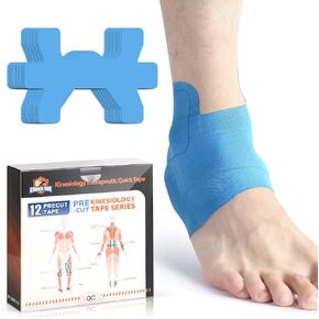 Kinesiology Tape for Ankle, KTQUICK 12 Count Ankle Tape Precut, Original Cotton Waterproof & Breathable, Enhance Elastic Kinesiology Athletic Tape for Ankle Support and Muscle to More Sports