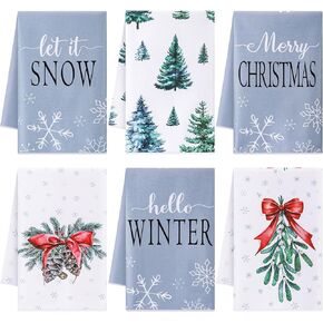 Macarrie 6 Pcs Snowflake Tree Mistletoe Merry Christmas Kitchen Towels Winter Christmas Kitchen Towels Hello Snowflakes Dish Cloths Christmas Pine Trees Decoration Towels for Holiday Bar Farmhouse