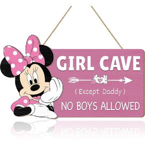 Girl Cave Sign Wooden Door Hanging Sign, Mouse Wood Wall Hanging Sign for Girls Room Decoration, No Boys Allowed Baby Girl Nursery Door Sign Decor For Toddlers Kids Bedroom Pink