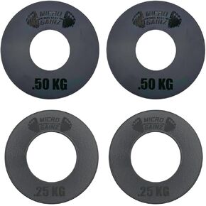 Micro Gainz Olympic Kilogram Fractional Weight Plate Set of 4 Steel Plates- (2-.25KG, 2-.50KG) Plates -Designed for Olympic Barbells, Used for Strength Training and Micro Loading, Made in USA