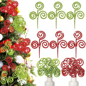 Kasyat 50 Pcs Red Green Christmas Tree Picks 12" Candy Shape Spiral Glitter Sticks Branches Xmas Curly Picks Artificial Stems Pick Ornaments for Tree Topper Craft Wreath Vase Filler Home Decor