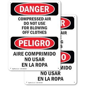 (2 Pack) Compressed Air Not For Clothes Bilingual OSHA Danger Sign 7 Inch X 10 Inch Plastic Sign, Weather Resistant, UV Protected for Workplace, Business, and Construction Site, Made in the USA