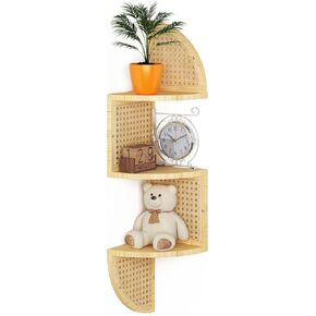 3-Tier Corner Wall Shelf - Wooden Rattan Wall Shelf, Floating Corner Shelves Wall Mounted, Zig Zag Hanging Shelves for Wall, Boho Decorative Wall Shelves for Bedroom, Living Room & Bathroom