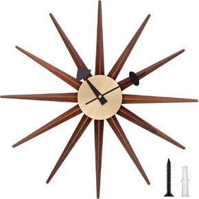 Mid Century Wall Clock - Wooden Starburst Clock Replica George Nelson Sunburst Clock for Decorative Office Wall Living Room (Walnut 19")