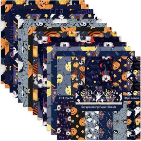 Halloween Scrapbook Paper, 24 Sheets 6"×6" Single-Sided Pumpkin Spider Ghost Bat Theme Pattern Paper for Card Making Photo Album Party Decor Craft Supplies - 12 Designs (Style 1)