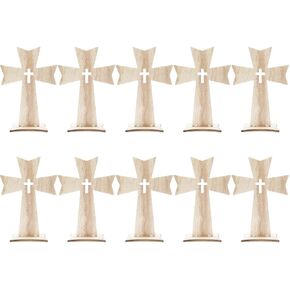 Garneck 10 PCS Table Cross Craft - Rustic Unfinished Wood Cross Craft - Cross Stand Statue for Home Office Wedding Party Decor
