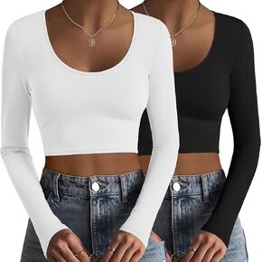 Ekouaer Long Sleeve Crop Tops for Women Scroop Neck Lightweight Basic T Shirts Tight Fitted Y2k Tee S-XXL