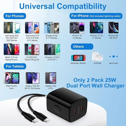 Samsung A15 5G Charger Block USB C 25W 2 Port PD Fast Charging Type C Wall Charger Plug Android Phone Power Adapter for Samsung Galaxy A35 A55 S24 Ultra A25 A14 A54 S23 FE S22 iPhone 15 Pro 2 Pack in Saudi Arabia