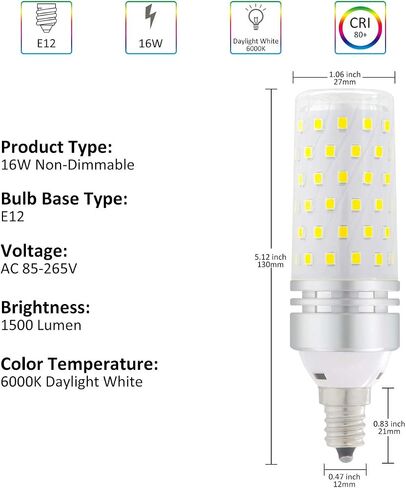 مصابيح LED E12، مصابيح LED شمعدان 100 وات مكافئة، ضوء النهار الأبيض 6000 كيلفن، مصابيح إضاءة مروحة السقف LED، 1500 لومن، لمبة إضاءة LED غير قابلة للتعتيم، مصابيح ثريا LED لمروحة السقف، إضاءة منزلية، 4 عبوات in Saudi Arabia