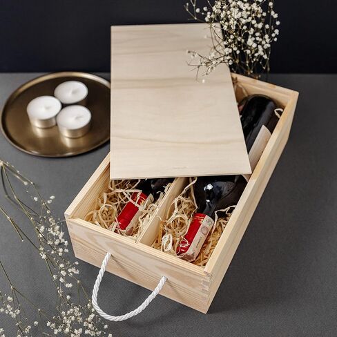 Unpainted Wooden Wine Box with Rope | 2 Bottles | 35x20x10cm | Natural Wood Wine Holder Wine Bottle Gift Box Gift Storage Chest | Christmas Xmas Presentation Box in Saudi Arabia