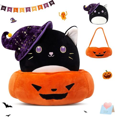 WEWILL 14 ''هالوين اليقطين القط الأسود لينة وسائد فخمة كبيرة قابلة للفصل سلة اليقطين 2 في 1 مجموعة كيتي الأسود للأطفال بنين بنات in Kuwait