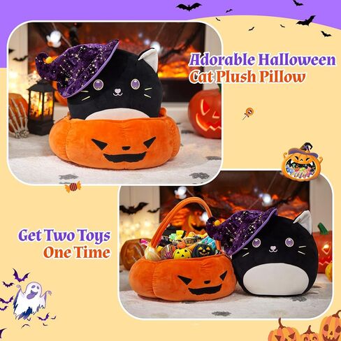 WEWILL 14 ''هالوين اليقطين القط الأسود لينة وسائد فخمة كبيرة قابلة للفصل سلة اليقطين 2 في 1 مجموعة كيتي الأسود للأطفال بنين بنات in Kuwait