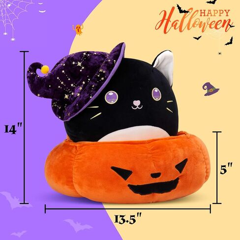 WEWILL 14 ''هالوين اليقطين القط الأسود لينة وسائد فخمة كبيرة قابلة للفصل سلة اليقطين 2 في 1 مجموعة كيتي الأسود للأطفال بنين بنات in Kuwait