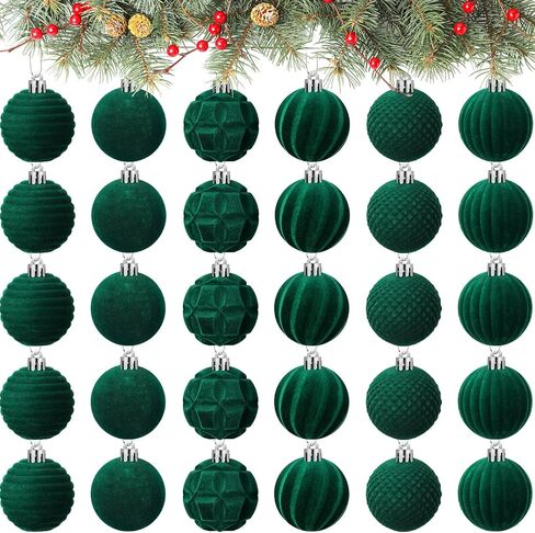 30 Pcs Christmas Velvet Balls 1.97 Inch Flocked Christmas Ornaments for Tree Plastic Balls Xmas Decorative Hanging Ornaments Handmade Flocked Velvet Christmas Tree Home Decor(Green) in Kuwait
