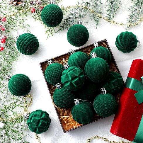 30 Pcs Christmas Velvet Balls 1.97 Inch Flocked Christmas Ornaments for Tree Plastic Balls Xmas Decorative Hanging Ornaments Handmade Flocked Velvet Christmas Tree Home Decor(Green) in Kuwait