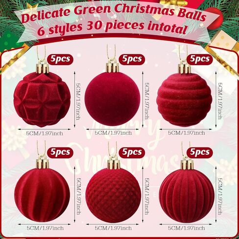 30 Pcs Christmas Velvet Balls 1.97 Inch Flocked Christmas Ornaments for Tree Plastic Balls Xmas Decorative Hanging Ornaments Handmade Flocked Velvet Christmas Tree Home Decor(Green) in Kuwait