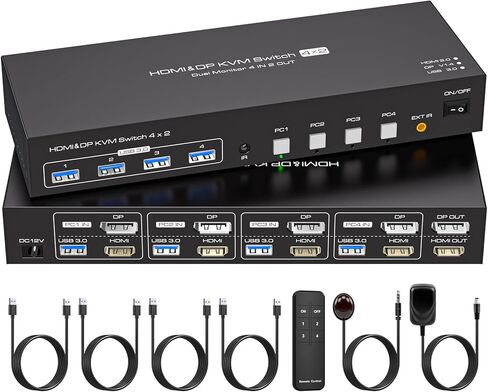 HDMI2.1 KVM Switch 4 Computers 1 Monitor 8K@60Hz 4K@120Hz 4 Port KVM Switches For 4 PCs Share 4 USB Devices Like Keyboard Mouse Printer etc. With Remote Controller & Other External Accessories in Saudi Arabia