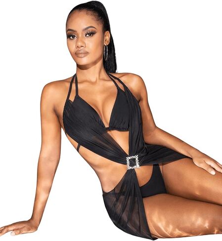 MakeMeChic Women's 3 Piece Swimsuit Swimwear Halter Triangle Bikini Set with Cover Up Bathing Suit in Saudi Arabia