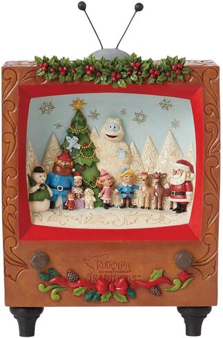 تقاليد Enesco Rudolph من Jim Shore Diorama TV Scene Masterpiece Lit تمثال - تماثيل رودولف مرسومة يدويًا من الراتنج الحجري مع أضواء تمثال ديكور المنزل لعيد الميلاد، 10.24 بوصة in Saudi Arabia