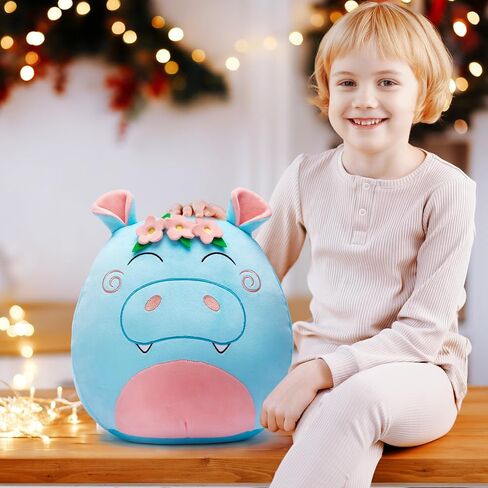 Large Hippo Plush Pillow Stuffed Animal Toy,12" Big Size Cute Soft Fat Kawaii Hugging Cuddle Huggable Plushie,Gift for Kids in Saudi Arabia