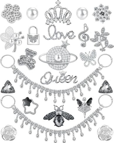 24Pcs Bling Gold Jewelry Shoe Charms Designer Decoration Rhinestone Chain Pearl Gems Rhinestone Luxury Accessories for Women Girls Party Favors Birthday Gifts in Saudi Arabia