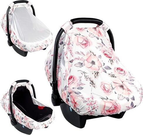 SWESEN Baby Car Seat Cover, Flower Carseat Cover Girls, Cozy Sun & Summer Cover, Stretchy Newborn Carseat Canopy with Zipper and Mesh in Saudi Arabia