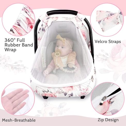 SWESEN Baby Car Seat Cover, Flower Carseat Cover Girls, Cozy Sun & Summer Cover, Stretchy Newborn Carseat Canopy with Zipper and Mesh in Saudi Arabia