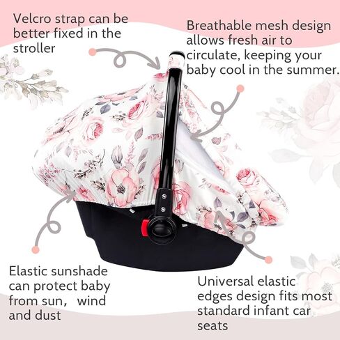 SWESEN Baby Car Seat Cover, Flower Carseat Cover Girls, Cozy Sun & Summer Cover, Stretchy Newborn Carseat Canopy with Zipper and Mesh in Saudi Arabia