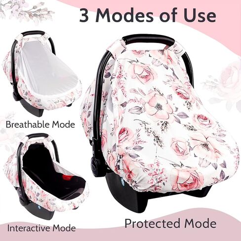 SWESEN Baby Car Seat Cover, Flower Carseat Cover Girls, Cozy Sun & Summer Cover, Stretchy Newborn Carseat Canopy with Zipper and Mesh in Saudi Arabia