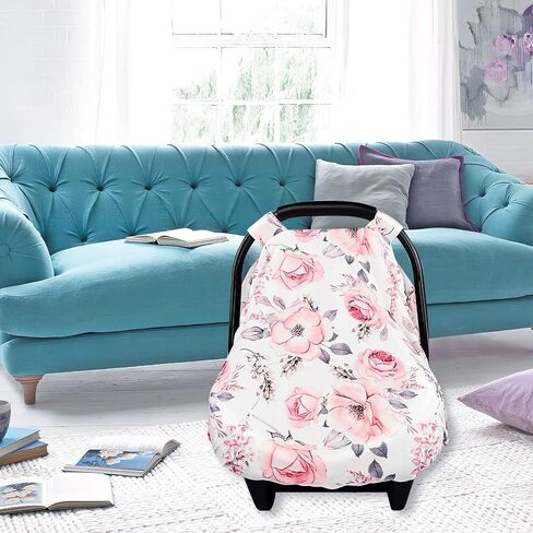 SWESEN Baby Car Seat Cover, Flower Carseat Cover Girls, Cozy Sun & Summer Cover, Stretchy Newborn Carseat Canopy with Zipper and Mesh in Saudi Arabia