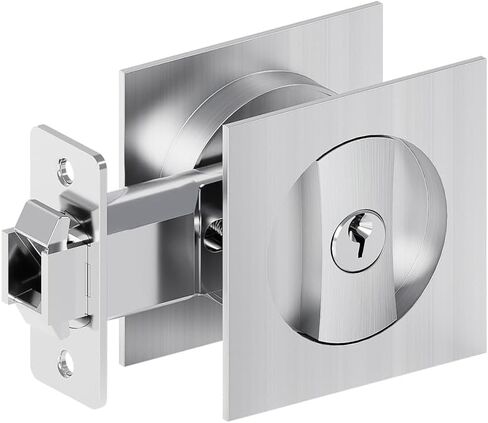 Pocket Door Lock with Key, Square Sliding Barn Door Lock Latch Recessed 2 Sided, Contemporary Entry Pocket Door Privacy Lock Security for 1 3/8" to 2 3/16" Thickness Door (Silver) in Saudi Arabia