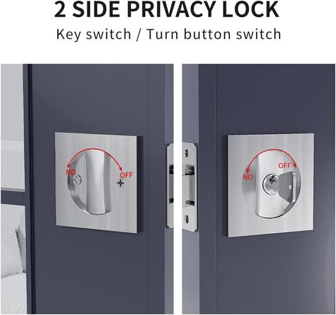 Pocket Door Lock with Key, Square Sliding Barn Door Lock Latch Recessed 2 Sided, Contemporary Entry Pocket Door Privacy Lock Security for 1 3/8" to 2 3/16" Thickness Door (Silver) in Saudi Arabia
