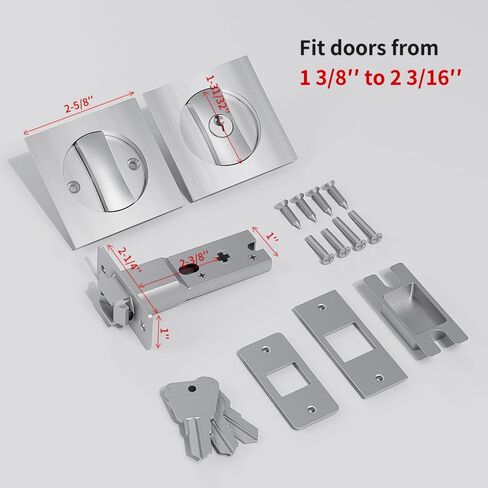 Pocket Door Lock with Key, Square Sliding Barn Door Lock Latch Recessed 2 Sided, Contemporary Entry Pocket Door Privacy Lock Security for 1 3/8" to 2 3/16" Thickness Door (Silver) in Saudi Arabia