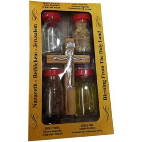 Olive Wood Cross Set with 4 Bottles - Anointing Oil, Jordan river Water, Holy Earth and Incense