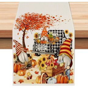 Fall Gnomes Pumpkin Table Runner 13x72 Inch Buffalo Plaid Truck Sunflower Maple Leaves Thanksgiving Seasonal Autumn Harvest Kitchen Dinning Table Decoration for Home Party Decor