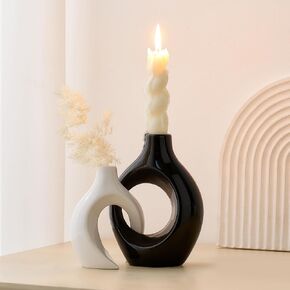 حامل شمعدان AWNR لديكور المنزل: قطعتان من حاملات الشموع السيراميكية السوداء مجموعة شموع مستدقة لقطع مركزية للطاولة ديكورات حديثة لمطبخ غرفة المعيشة in Kuwait