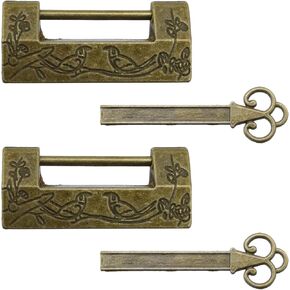 2 PCS Antique Chinese Lock Flower Bird Padlock Carved Vintage Retro Latch Lock with Key for Jewelry Box Drawer (Bronze)