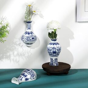 3 Pcs Chinoiserie Ceramic Wall Hanging Vase Blue and White Porcelain Decorative Flower Vase Hanging Plant Holder Wall Mounted Vase Vintage Vase for Rustic Wedding Decorations Home Table Wall