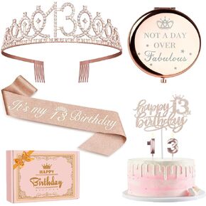 40th Birthday Gifts for Women, Including 40th Birthday Crown,Sash,Cake Topper,Candle and a Compact Mirror, Rose Gold 40th Birthday Decorations for Women