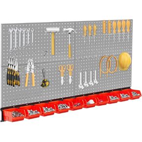 Metal Pegboard Wall Organizer for Garage 28 * 48in, 59PCS Pegboard Accessories Organizer Kit with Pegboard Bins, Hooks, Peg Locks, Pegboard Storage System for Workbench, Garage, Shop, Shed