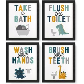 JXREQ Dinosaur Bathroom Decor, Kids Bathroom Wall Decor, Dinosaur Wall Decor for Nursery Kids Bathroom, Cute Dinosaur Dino Bathroom Posters Wall Art Prints Set of 4, 8x10 Inch Unframed