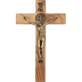 Wooden Wall Cross with Saint Benedict Medal | Beautiful Bronze-Tone Jesus | Solid Stained Wood | Ready to Hang on Wall | Great Gift for Baptism, New Home, Weddings | Made in Italy