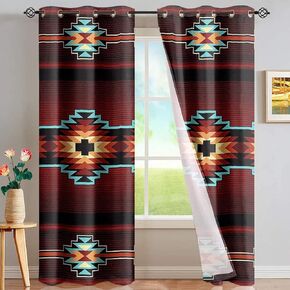 CLOHOMIN Southwestern Style Farmhouse Curtains Native American Navajo Red Tribal Pattern 2 Pieces Window Curtain Drapery Panel for Nursery Bedrooms Lightweight Blackout Window Drapes