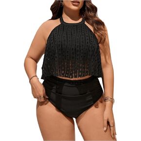 OYOANGLE Women's Plus Size 2 Piece Swimsuit Hollow Out Sleeveless Halter High Waist Bikini Swimwear
